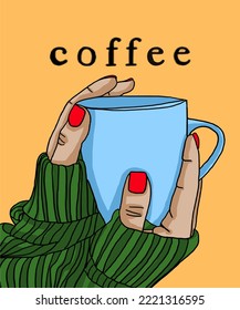 Vector illustration of coffee. Cup with cappuccino, americano, espresso, mocha, latte, cocoa. Inscription of  coffee. Coffee view for poster, postcards, magazines, advertising. Barista makes coffee.
