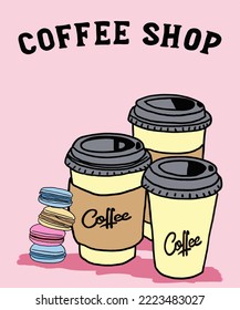 Vector illustration of coffee. Cup with cappuccino, americano, espresso, mocha, latte, cocoa. Inscription of  coffee. Coffee view for poster, postcards, magazines, advertising. Barista makes coffee.