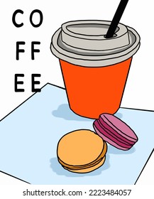 Vector illustration of coffee. Cup with cappuccino, americano, espresso, mocha, latte, cocoa. Inscription of  coffee. Coffee view for poster, postcards, magazines, advertising. Barista makes coffee.