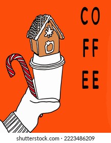 Vector illustration of coffee. Cup with cappuccino, americano, espresso, mocha, latte, cocoa. Inscription of  coffee. Coffee view for poster, postcards, magazines, advertising. Barista makes coffee.