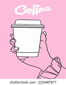 Vector illustration of coffee. Cup with cappuccino, americano, espresso, mocha, latte, cocoa. Inscription of  coffee. Coffee view for poster, postcards, magazines, advertising. Barista makes coffee.