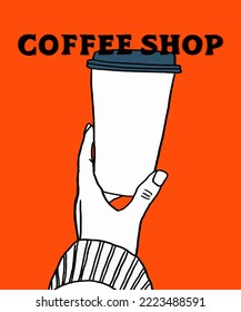 Vector illustration of coffee. Cup with cappuccino, americano, espresso, mocha, latte, cocoa. Inscription of  coffee. Coffee view for poster, postcards, magazines, advertising. Barista makes coffee.