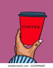 Vector illustration of coffee. Cup with cappuccino, americano, espresso, mocha, latte, cocoa. Inscription of  coffee. Coffee view for poster, postcards, magazines, advertising. Barista makes coffee.