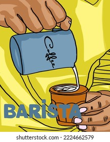 Vector illustration of coffee. Cup with cappuccino, americano, espresso, mocha, latte, cocoa. Inscription of Barista. Coffee view for poster, postcards, magazines, advertising. Barista makes coffee.