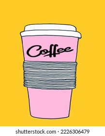 Vector illustration of coffee. Cup with cappuccino, americano, espresso, mocha, latte, cocoa. Inscription of coffee. Coffee view for poster, postcards, magazines, advertising. Barista makes coffee.