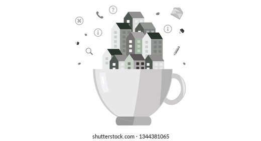vector illustration of coffee cup and city landscape for real estate sell and search services