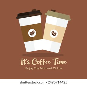 Vector Illustration of coffee cup Design and With coffee bean logo on coffee cup, It's Time Coffee banner.