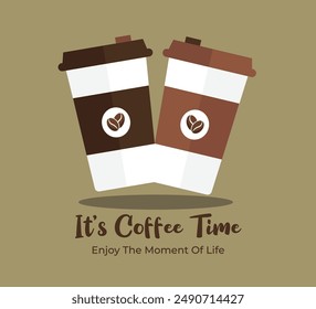 Vector Illustration of coffee cup Design and With coffee bean logo on coffee cup, It's Time Coffee banner.