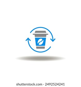 Vector illustration of coffee cup disposable and round arrows. Icon of food delivery. Symbol of coffee making process.