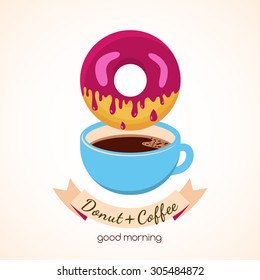 Vector illustration of coffee cup and donut with pink sweet cream. Abstract logo design concept for cafe, restaurant, breakfast menu, desserts, bakery.