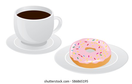 vector illustration of coffee cup with donut, coffee break, breakfast meal, fast food snack on plate isolated on white background.