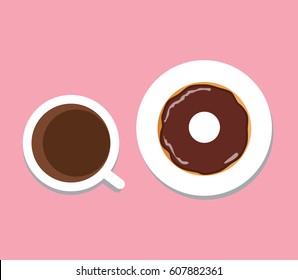 vector illustration of coffee cup with donut, coffee break, breakfast meal, fast food snack on plate isolated on white background. flat design.