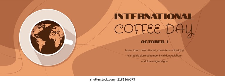 Vektorgrafik, Kaffeetasse mit Schaum bildet eine Weltkarte. Geeignet für Banner, Poster, Grußkarten, Logo, Icon oder Vorlage. Internationaler Kaffeetag. Horizontaler Banner.