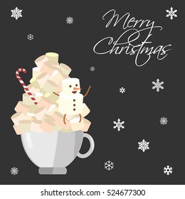 vector illustration of coffee cup full of marshmallows and snowman funny figure on it  