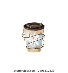 Ilustración vectorial con la taza de café y guirnaldas sobre el fondo transparente.