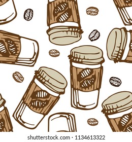 Vector illustration of coffee cup to go with  beans pattern set in brown color