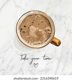 Vector illustration of a coffee cup with gold details. Coffee with milk and foam and bubbles. Stylish breakfast in a realistic style on a marble table. View from above.