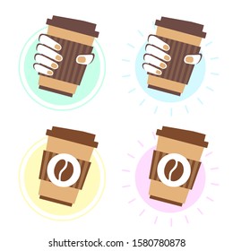 Vector illustration of coffee cup in the hand. Logotype for coffee to go restaurant. Coffee shop with take away. Business theme.