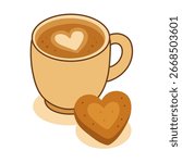 Vector illustration of a coffee cup with heart latte art and a heart cookie. Warm beige–brown palette, cozy kawaii flat style. Ideal for cafe branding, stickers, packaging, cards, and autumn projects