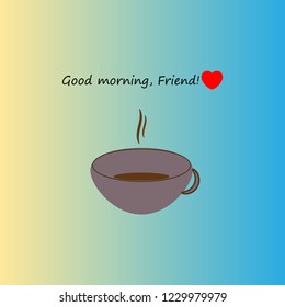 Vector illustration of coffee cup icon, morning greeting on yellow and blue background