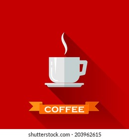 vector illustration with coffee cup icon in flat design style with long shadows