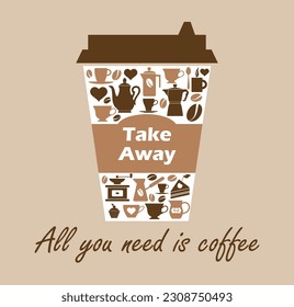 Vector illustration coffee cup icon on biege background. Coffee cup logo with icons Take away cuo of cofe