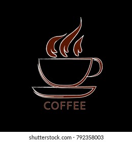Vector illustration of coffee cup isolated on dark background. Coffee shop background.