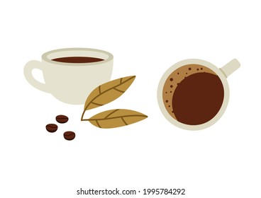 Vector illustration of coffee cup, leaves and beans, isolated on white background. Side view and top view. Hand-drawn coffee set in flat style. Trendy illustration for web and print design.