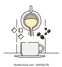 Vector illustration of a coffee cup, milk or cream, sugar and cocoa beans on white background. Coffee production and consumption topic. 