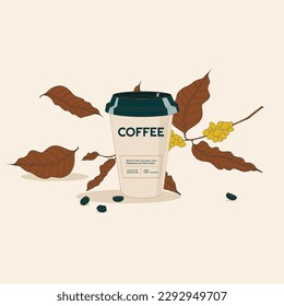 ilustración vectorial de la parodia de la taza de café con frijoles y plantas 