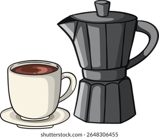 Vector illustration of a coffee cup and moka pot in a clean, minimalist style with neutral colors and simple lines