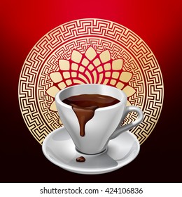 Vector illustration of Coffee cup on a saucer filled with hot chocolate. Decorated. Perfect for pack design, print design, poster, menu, web banner, advertising and much more