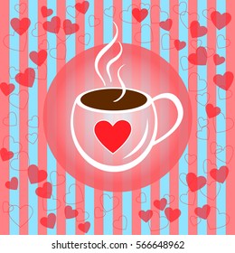 Vector illustration with coffee cup on red hearts background. Romantic Valentines background