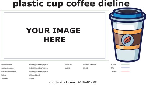 Vector illustration of coffee cup packaging dieline template with dimensions and placement for image