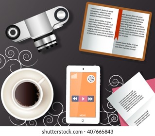 Vector illustration of coffee cup with phone, camera and open notebook on black table.   workspace desk