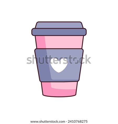Vector illustration of a coffee cup in pink and lilac colors with a heart image. Valentine's Day Concept