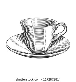 Vector illustration of coffee cup and saucer in engraved style. Hand drawn tea cup illustration in engraving style for menu or cafe. Black vintage cup plate isolated.