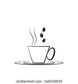 Vector illustration of a coffee cup with saucer with  Steam and coffee beans can be used as icon or coffee shop sign isolate on white background