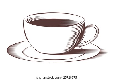 Vector illustration of coffee cup and saucer in engraved style 