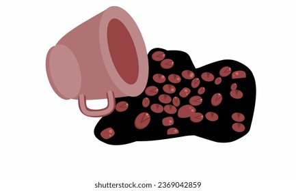 Ilustración vectorial, taza de café derramada con granos de café con fondo blanco aislado 