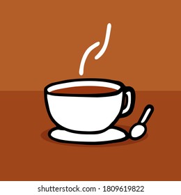 vector illustration of coffee cup with spoon. thin black outline coffee cup icon on brown background. hand drawn vector. modern scribble for kid, sticker, clip art, poster, banner, menu. doodle coffee