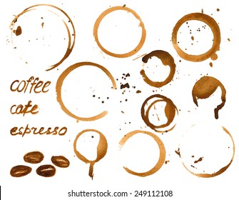 Vector illustration of coffee cup stains. Watercolor painted vector grunge set