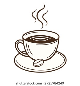 Ilustración vectorial de una taza de café con vapor y un sorteo de granos de café