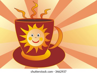 Vector illustration of coffee cup with sun beams. Suitable for background