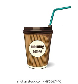 vector illustration of a coffee cup for take out with tube. EPS