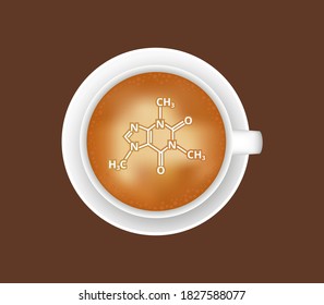 Vector illustration of coffee cup top view with the chemical formula of caffeine. Cappuccino or latte with the latte art image. The chemical illustration is isolated on a brown background – cafe style