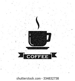vector illustration with coffee cup and vintage ribbon. letterpress label design