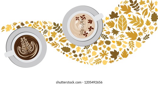 vector illustration of coffee cups and autumn dried leaves for cozy fall beverage mood banner