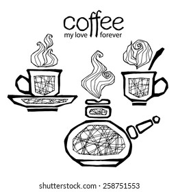 vector illustration of coffee cups and a cezve