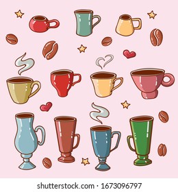 Vector illustration coffee cups. Cute style